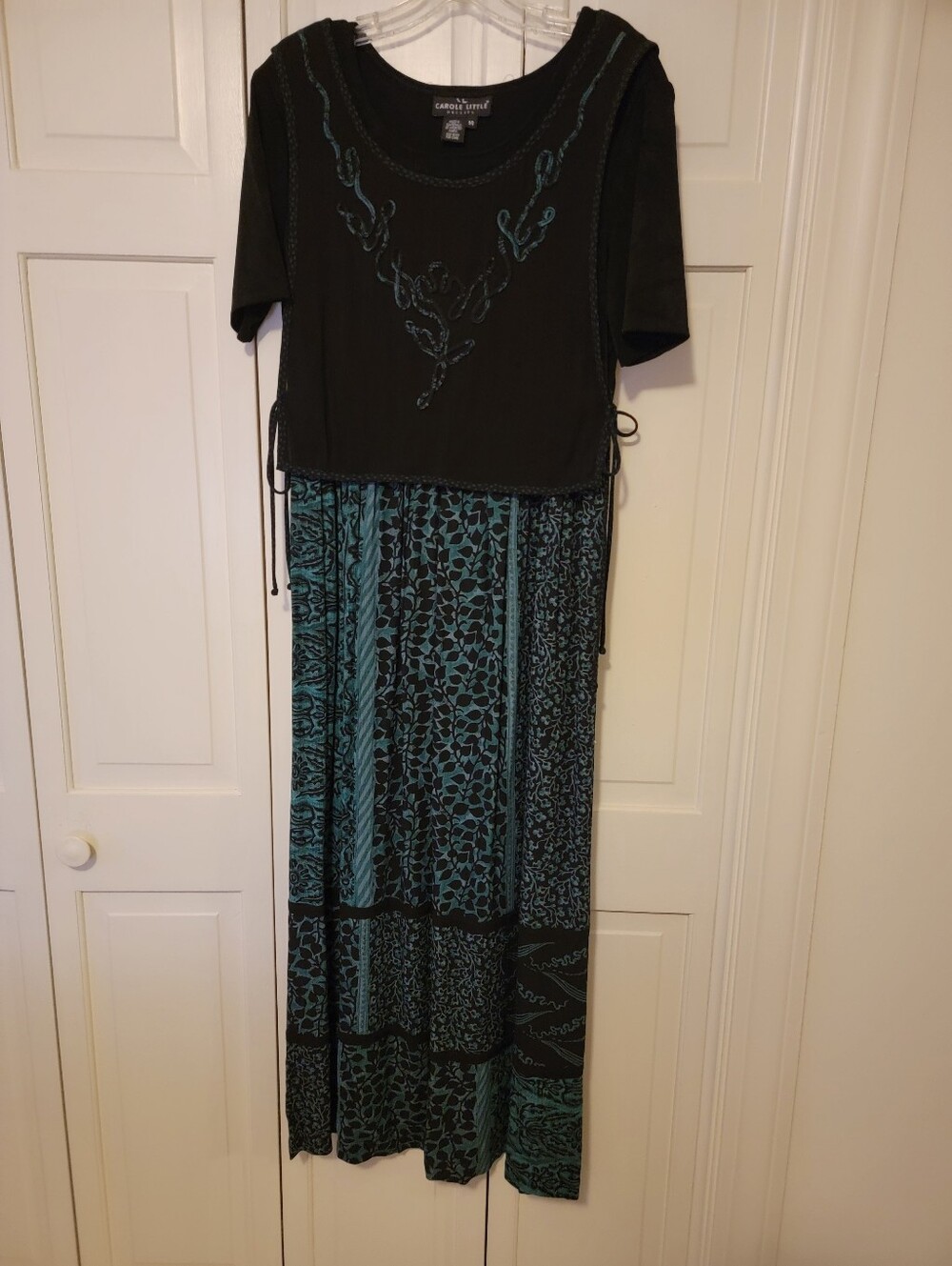 Carole Little Black and Teal Mixed-Pattern Maxi Dress Size 14 EUC